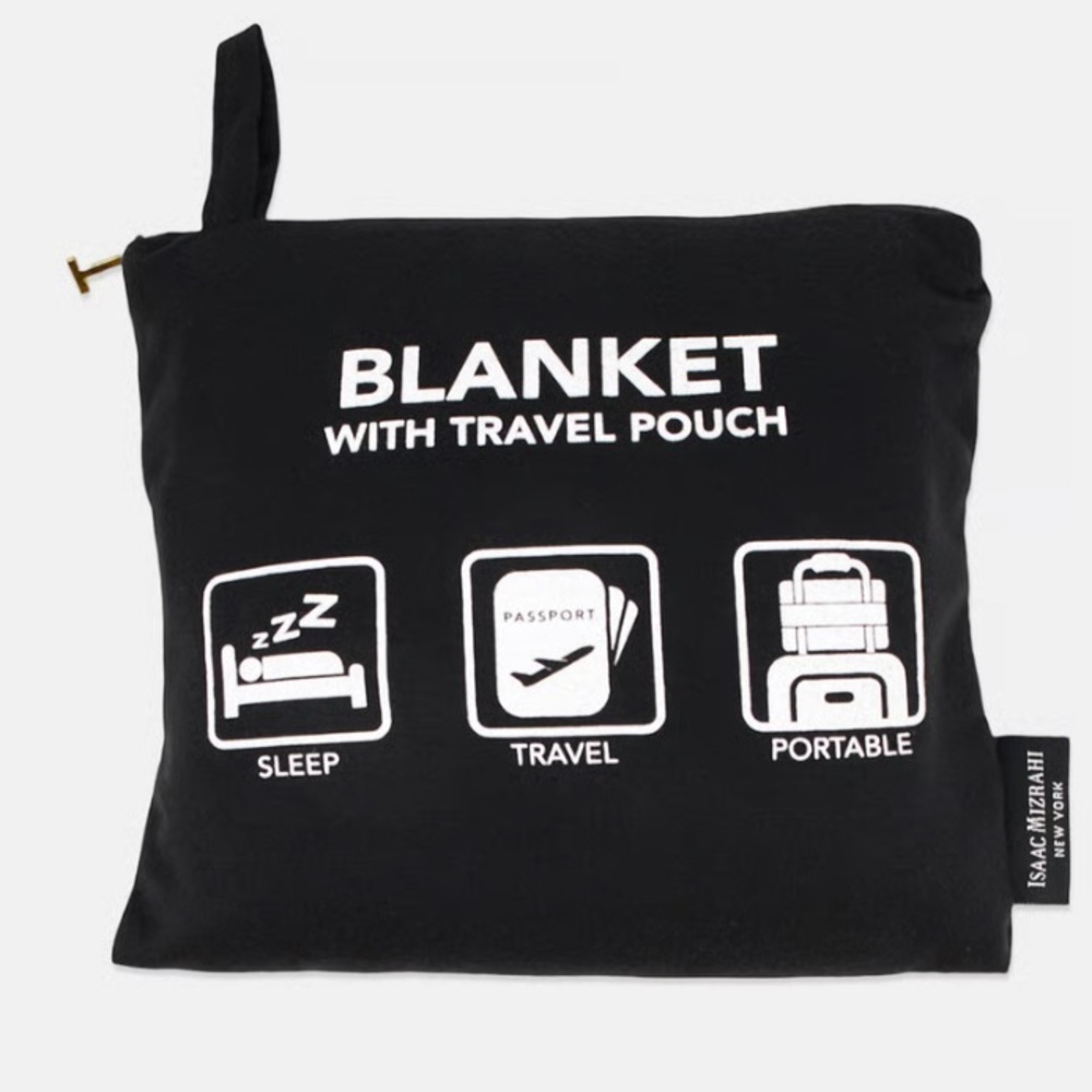 Isaac Mizrahi Travelers 2 Piece Set Knit Blanket + Bag Gray Tan Black Modern NEW